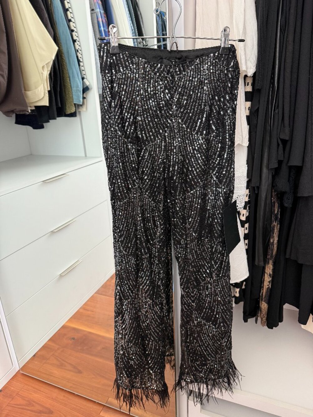 Sparkle Black and Silver Sequin Feather Wide-Leg Pants Size Small